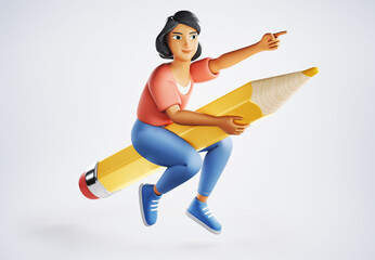Woman riding or flying on big pencil. Creative study skill concept. 3d cartoon character