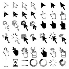 Pointer click icon. Clicking cursor, pointing hand clicks and waiting loading icons. Pixel hand, pointer hand, arrow and hourglass logo vector isolated icons set