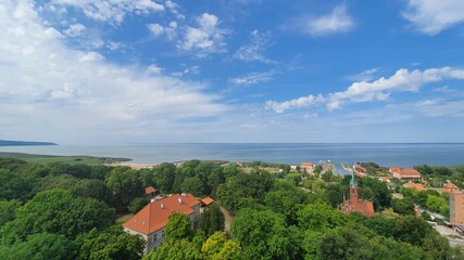 Obraz premium Aerial view of the edge of the Vistula Lagoon in Frombork, Poland