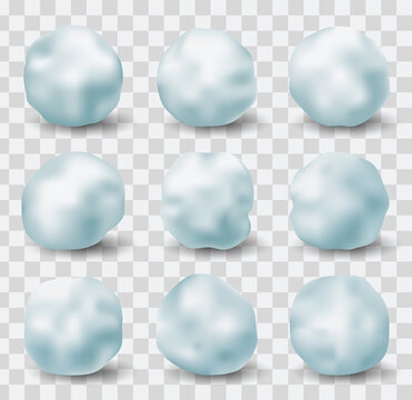 Snowball splats in vector, realistic 3d. Round snow and ice pieces, realistic white snowballs. Snowball splatter