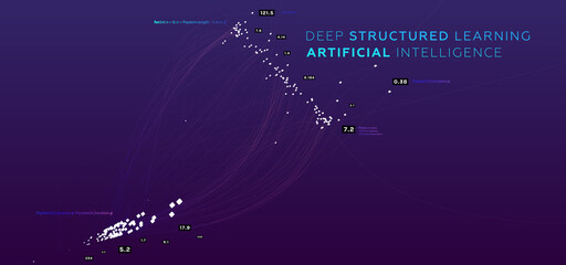 Fototapeta premium Quantum computing, deep learning artificial intelligence, signal cryptography infographic vector illustrations. Big data algorithms visualization for business, science presentations, posters, covers