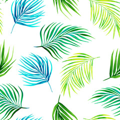 Fototapeta na wymiar watercolor palm leaves seamless pattern on white background