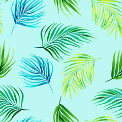 Fototapeta na wymiar watercolor palm leaves seamless pattern on blue background