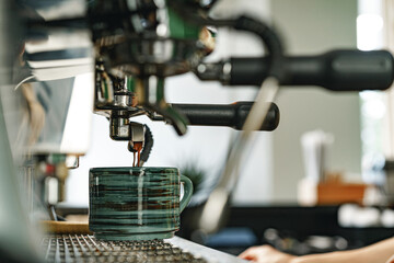 Professional coffee machine in coffee shop close up