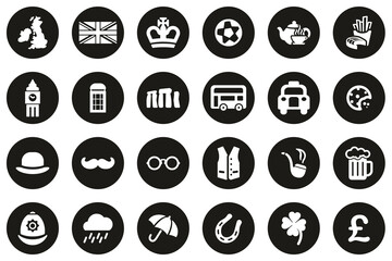 United Kingdom Country & Culture Icons White On Black Flat Design Circle Set Big