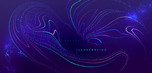Glowing particles liquid dynamic flow background. Trendy fluid cover design. Eps10 vector illustration