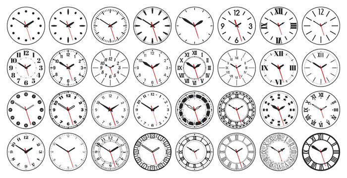 Round watch faces. Circle clock face with vintage Roman and Arabic numerals. Minutes, seconds and hours hands and scale marks on dial vector set