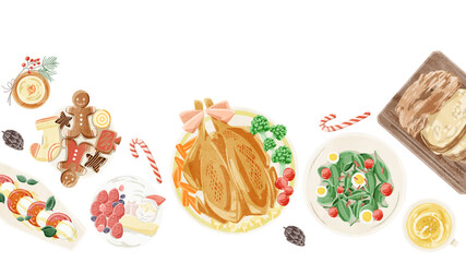 クリスマスパーティーの食卓風景水彩イラスト