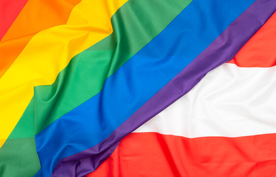 Natural fabric Flag of Austria and LGBT Rainbow flag as texture or background, concept picture about human rights