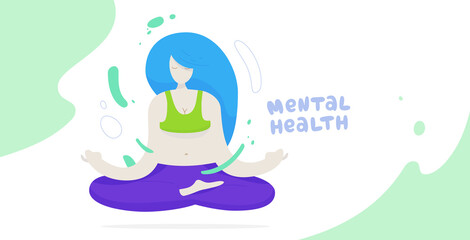 Mental health concept with yoga woman and ocean beach landscape. Self-care brain development. Relaxation, meditation and psychotherapy illustration. Eps10 vector