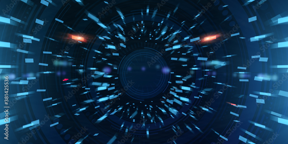Aufkleber Abstract technological background with flying geometric elements and digital interface circle