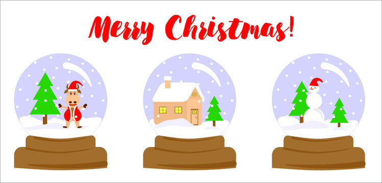 Christmas vector pictures with snow balls with winter landscapes inside. A bull dressed as Santa Claus, a house with a snow-covered roof, a snowman and a Christmas tree.