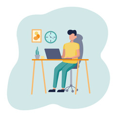 Vector flat illustration of a workplace, office. A man sits at a Desk and works on a laptop