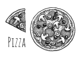 Ink sketch of pizza.