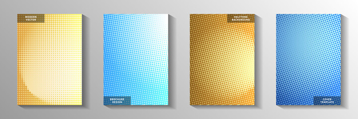 Tech point perforated halftone front page templates vector set. School booklet faded halftone 