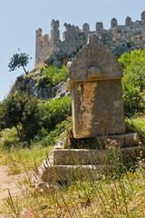 Lycian tombs below turkish Simena fortress near Kekova island, Turkey