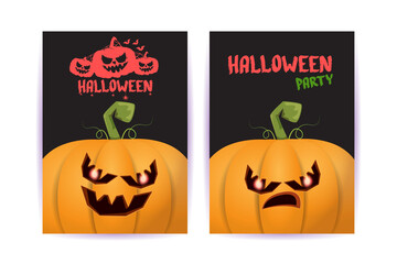 Halloween vertical cartoon posters set with Halloween scary pumpkins . Funky kids Halloween background with space for text