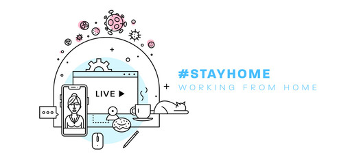 Naklejka premium Quarantine workplace. Safe remote working from home concept. Online education and communication service. Work outside of a traditional office environment with network technologies. Eps10 vector