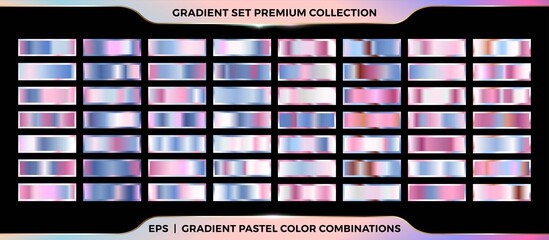 Trendy colorful gradient rose gold, pink, purple, azure combination collection set of metal pastel palettes for border frame ribbon cover label templates