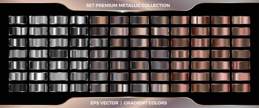 Elegant metallic Silver, Gold, copper and bronze gradient swatches mega set collection palette for border frame ribbon cover label templates