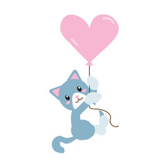 A blue cat hanging pink heart-shaped balloon. Cute and simple flat vector illustration.