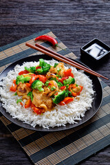 Cashew chicken with vegetables stir-fry, top view