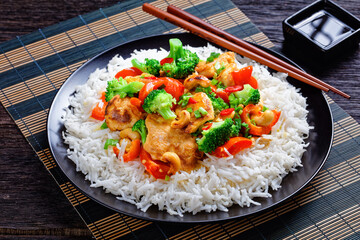 Cashew chicken with vegetables stir-fry, top view