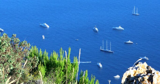 Beautiful Aerial View Of Many Yachts And Sailboats On The Mediterranean Sea In The Bay Of Monaco - DCi 4K Resolution
