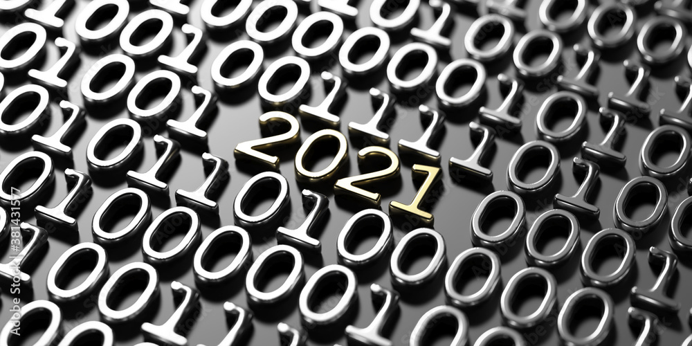 Wall mural 2021 new year digits on silver binary code technology background. 3d illustration