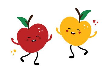 Couple of cute dancing smiling cartoon style apples characters. Red and yellow apples with leaves and hearts.