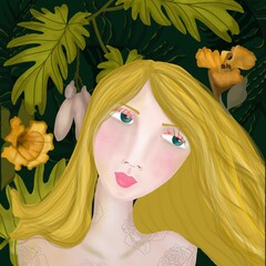 illustration with a girl in a tropical background.