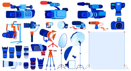 Photo video camera equipment vector illustration set. Cartoon flat professional photographer cameraman collection for studio shooting or filming, videography photography modern tools isolated on white
