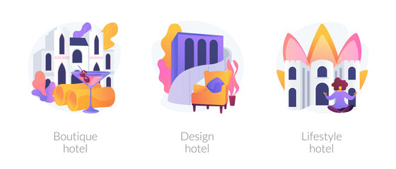 Naklejka premium Modern accommodation metaphors. Boutique hotel, design hostel interior, lifestyle motel. Fashionable apartment. Luxury hospitality service. Vector isolated concept metaphor illustrations.