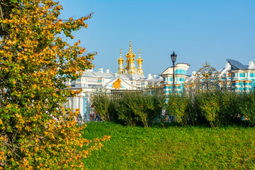 Catherine palace Resurrection church dome in autumn, Tsarskoe Selo (Pushkin), St. Petersburg, Russia