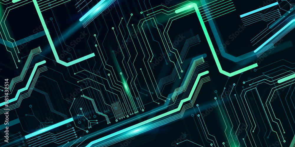 Fototapete abstract technologic background of electronic circuit motherboard with glowing neon lines