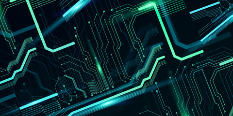 Abstract Technologic Background Of Electronic Circuit Motherboard With Glowing Neon Lines