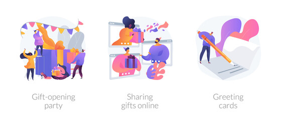 Holiday celebration abstract concept vector illustration set. Gift-opening party, sharing gifts online, greeting cards, family tradition, guest invitation, virtual party, christmas abstract metaphor.