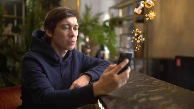 Smiling Young Man Using Phone Feels Happy, Having Fun. Vlogger Influencer Animation With User Interface - Thumb up , Emogi