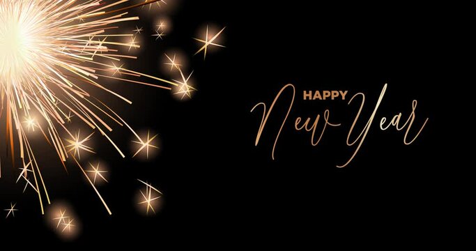 Happy New Year celebration card with bengal light for mailing, web invitation, greeting cards&hellip; animation made in 4K vector design. Gold card frame and english text : HAPPY NEW YEAR