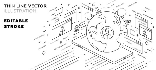 Remote online coding, research and application development concept for business technology, engineering and innovations design. Eps10 vector illustration