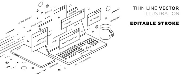 Remote online coding, research and application development concept for business technology, engineering and innovations design. Eps10 vector illustration