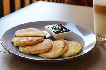 Pancakes for breakfast. Pancakes with jam. American breakfast
