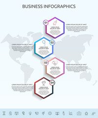 Infographics hexagon with four circles, labels. Vector template used for diagram, business, web, banner, workflow layout, flowchart, info graph, timeline, content, levels, chart