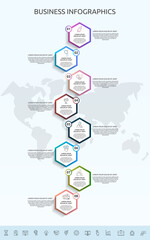 Infographics hexagon with 8 circles, labels. Vector template used for diagram, business, web, banner, workflow layout, flowchart, info graph, timeline, levels, chart, processes diagram