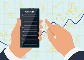 Businessman hands hold smartphone with wish list app on display screen for successful profitable business amid growing sales graph and icons. Vector wishlist mobile phone application illustration