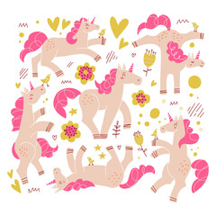 Set of pink unicorns with magenta mane and tail in different poses isolated on white background with abstact decor clipart. Flowers and hearts decoration. Flat vector illustration.