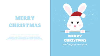Funny bunny with signboard with free text space. Merry Christmas background.