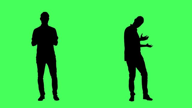 Silhouettes of business man welcoming on door and showing at presentation. Full body on green screen chroma key background.