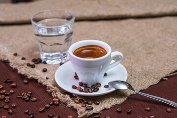 Delicious, aromatic and refreshing espresso with coffee beans and water