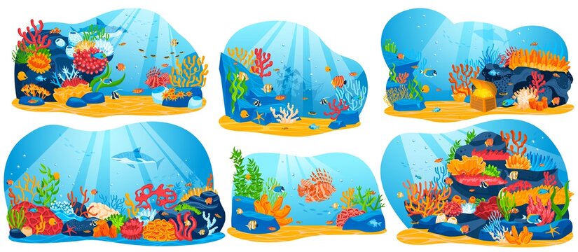 Coral reef, underwater sea life vector illustration. Cartoon flat ocean aquarium or sea waters collection with colorful algae seaweed plants and animal fishes, seascape marine scenes isolated on white